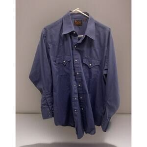 Plains Western Wear Long Sleeve Mens Blue Shirt Size Large Pearl Snap Button Up